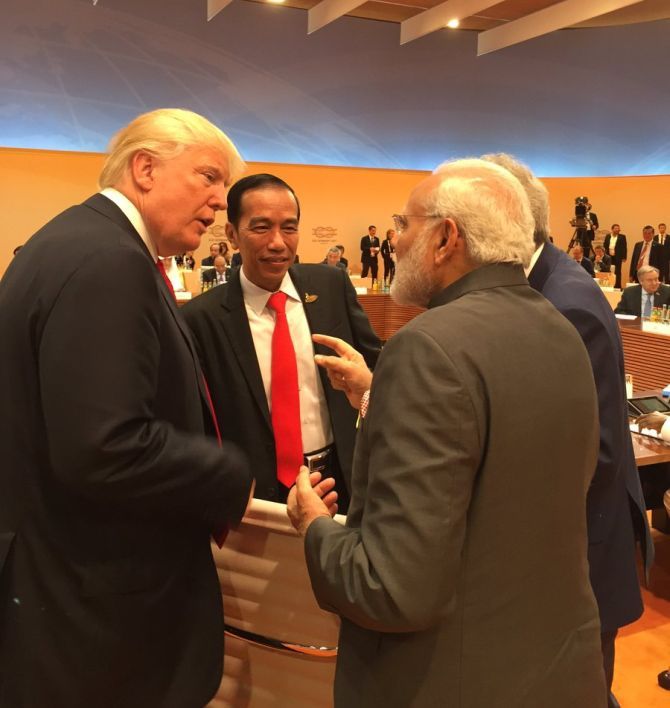 Prime Minister Narendra D Modi and US President Donald J Trump at the G-20 summit in Hamburg, July 8, 2017. Photograph: Kind courtesy Arvind Panagariya