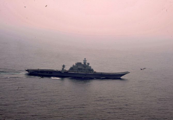 A MiG-29K takes off from the aircraft carrier, the INS Vikramaditya, ahead of Malabar Exercise 2017. Photograph: Indian Navy