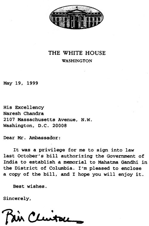 US President Bill Clinton's letter authorising the Gandhi statue outside the Indian embassy in Washington, DC