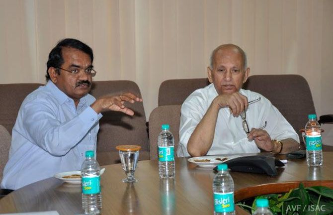 Professor U R Rao, right, at a visit to the ISRO Satellite Centre, Bengaluru
