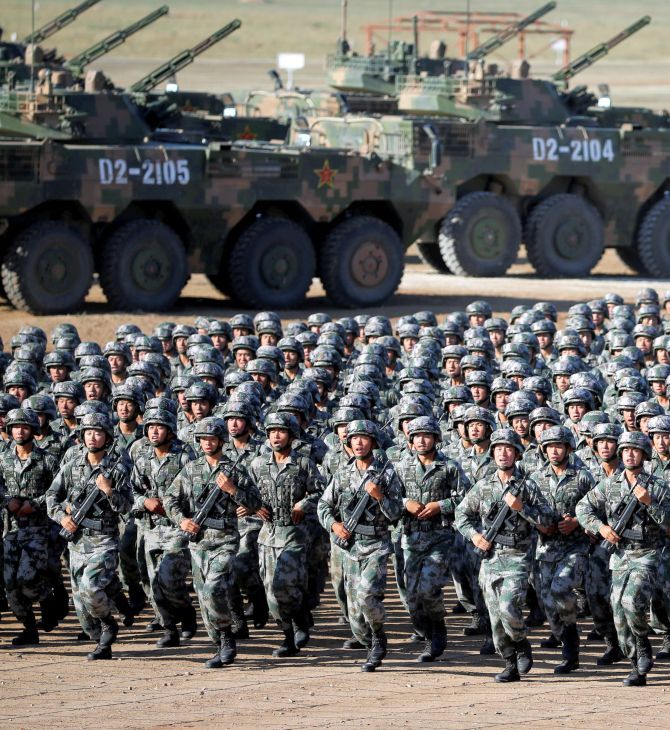 People's Liberation Army troops get ready for the military parade to commemorate the PLA's 90th anniversary at the Zhurihe military training base in the Inner Mongolia Autonomous Region, China, July 2017. Photograph: China Daily/Reuters