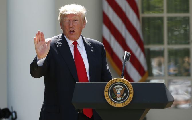 US President Donald Trump announces his decision that the United States will withdraw from the Paris Climate Agreement, June 1. Photograph: Kevin Lamarque/Reuters