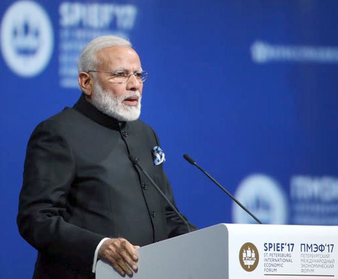 Prime Minister Narendra Modi at the World Economic Forum in St Peteresburg