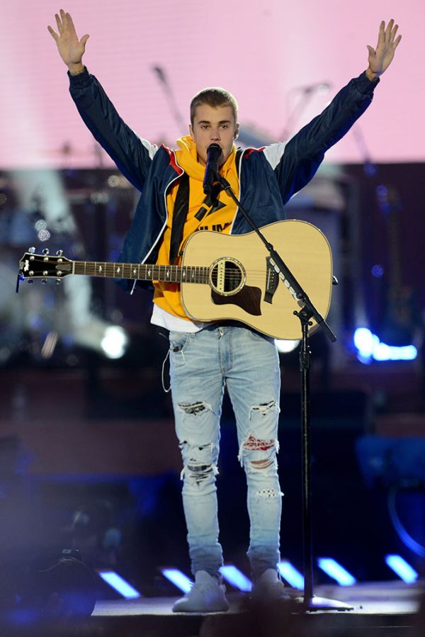 NO SALES, free for editorial use. In this handout provided by 'One Love Manchester' benefit concert Justin Bieber performs on stage on June 4, 2017 in Manchester, England. Donate at www.redcross.org.uk/love  (Photo by Getty Images/Dave Hogan for One Love Manchester)