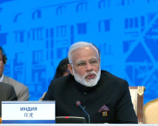 Prime Minister Narendra D Modi addresses the Shanghai Cooperation Organisation summit, June 2017.