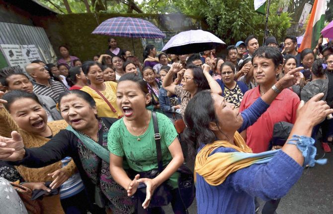 Gorkha Janmukti Morcha activists protest during a bandh in Darjeeling. Photograph: Ashok Bhaumik/PTI Photo