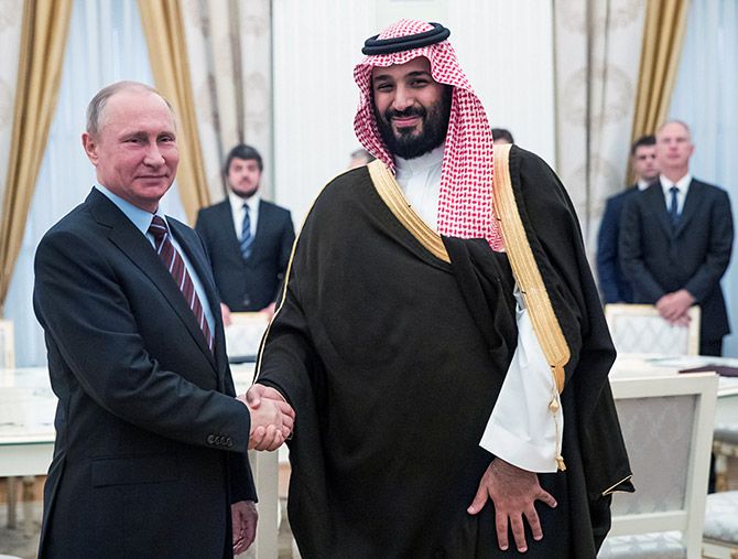Russian President Vladmir Putin with Saudi Crown Prince Mohammed bin Salman at the Kremlin