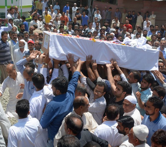 Deputy Superintendent of Police Mohammed Ayoub Pandith's funeral in Srinagar, June 23, 2017. Photograph: Umar Ganie for Rediff.com