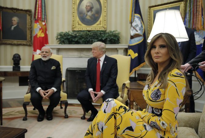 Prime Minister Narendra D Modi with US President Donald J Trump and First Lady Melania Trump in the Oval Office, June 26, 2017. Photograph: Reuters 