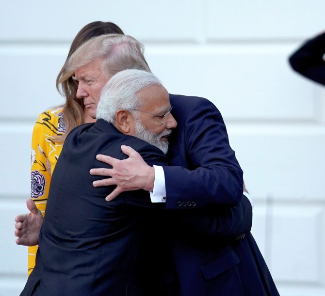 Prime Minister Narendra Modi and US President Donald J Trump hug at the White House, June 26, 2017. Photograph: Reuters