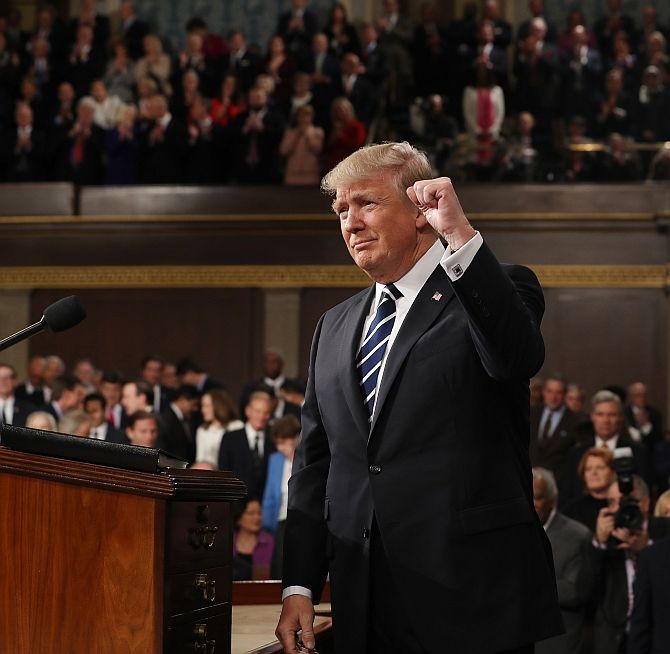US President Donald J Trump arrives to deliver his first address to a joint session of Congress, February 28, 2017. Photograph: Jim Lo Scalzo/Pool/Reuters