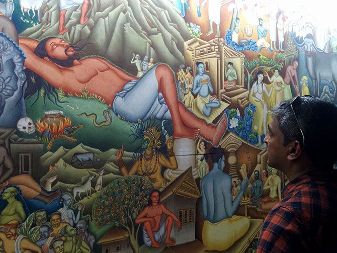 P K Sadanandan's mural, measuring 15 m x 3 m is an on-going work of art the Kochi Biennale 2016-2017