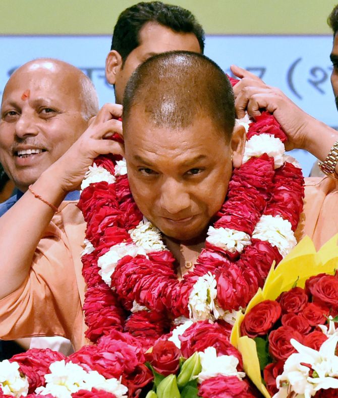 Yogi Adityanath after his election as leader of the BJP legislature party in Lucknow, March 18, 2017. Photograph: Nand Kumar/PTI Photo
