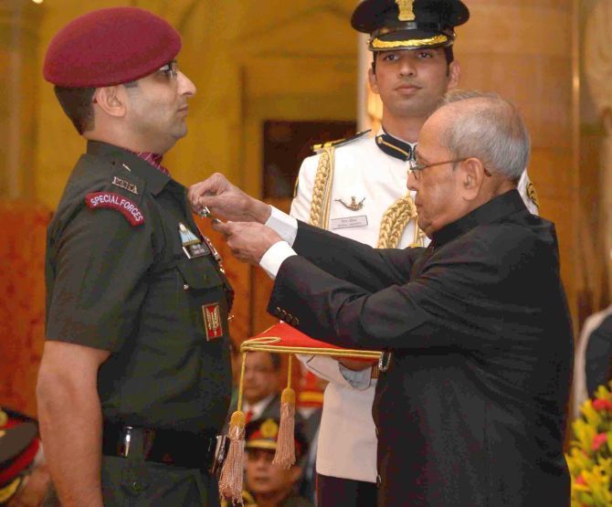 Major Rohit Suri of the 4 Para (Special Forces) was awarded the Kirti Chakra for showing exemplary leadership and courage in the surgical strike. Photographs: Press Information Bureau