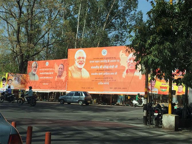 Posters felicitating UP Chief Minister Yogi Adityanath in Lucknow. Photograph: Archana Masih/Rediff.com