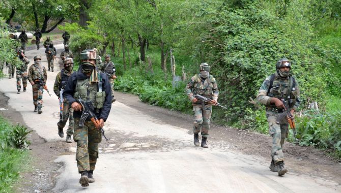 Soldiers during a major anti-terror operation in Shopian, south Kashmir, May 4, 2017. Photograph: Umar Ganie for Rediff.com