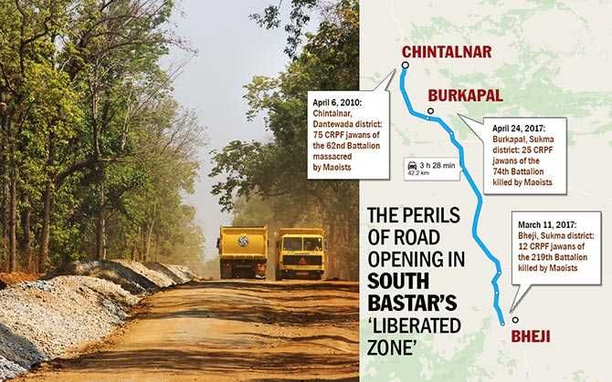 The killer road: The Dornapal-Chintagufa-Burkapal-Chintalnar-Jagargonda stretch, considered a Maoist fortress, has witnessed many deadly ambushes between the CRPF and Maoists