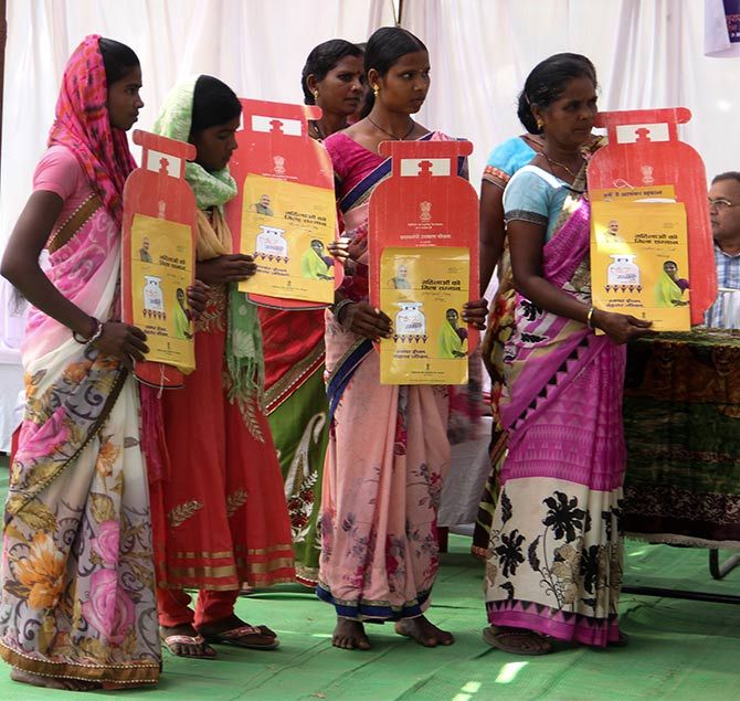 Part of the Raman Singh government's outreach programme in Chhattisgarh, the Lok Suraj Abhiyan delivers items like LPG cylinders and stoves to villagers in Bastar. Photograph: Uttam Ghosh/Rediff.com