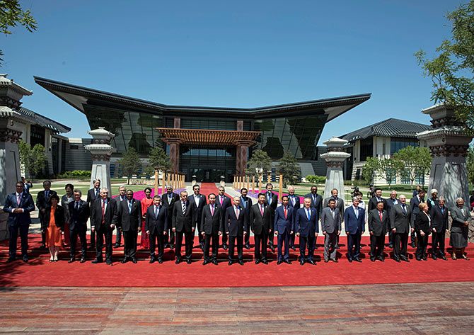 Leaders attending the Belt and Road Forum pose for a photograph at the Yanqi Lake venue on the outskirts of Beijing, May 15, 2017. Photograph: Ng Han Guan/Reuters