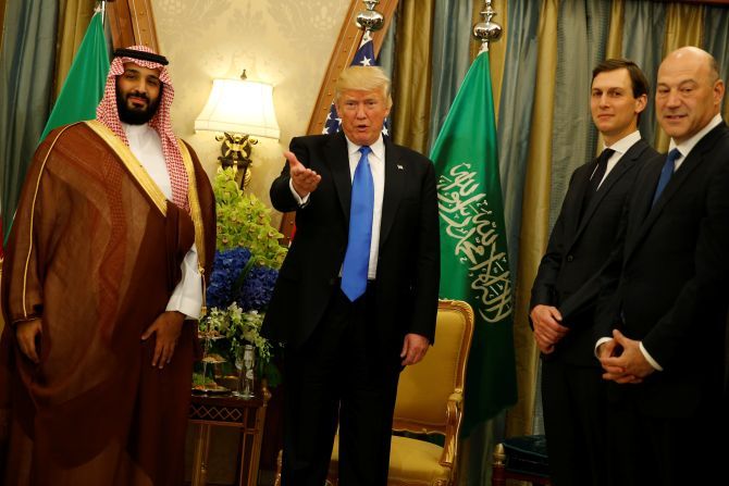President Donald Trump, flanked by his son-in-law White House Senior Advisor Jared Kushner, second from right, and Chief Economic Advisor Gary Cohn, right, delivers remarks to reporters after meeting with Saudi Arabia's Deputy Crown Prince and Defence Minister Mohammed bin Salman, left, (who is also King Salman's favourite son) at the Ritz Carlton hotel in Riyadh, May 21, 2017. Photograph: Jonathan Ernst/Reuters