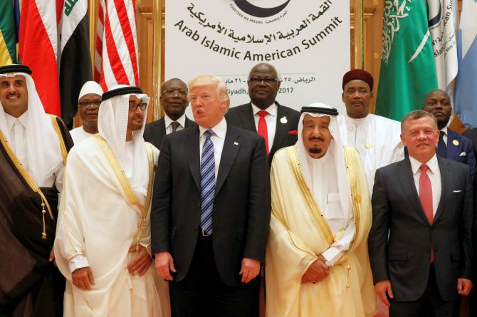  US President Donald Trump with from right Jordan's King Abdullah II, Saudi Arabia's King Salman bin Abdulaziz Al Saud, Abu Dhabi Crown Prince Sheikh Mohammed bin Zayed al-Nahyan and Qatar's Emir Sheikh Tamim Bin Hamad Al-Thani at the Arab-Islamic-American Summit in Riyadh, May 21, 2017. Photograph: Jonathan Ernst/Reuters