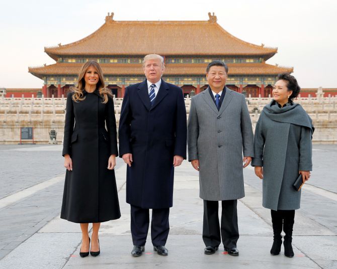 Xi Jinping and Peng Liyuan with US President Donald J Trump and his wife Melania Trump in Beijing, November 8, 2017. Photograph: Jonathan Ernst/Reuters