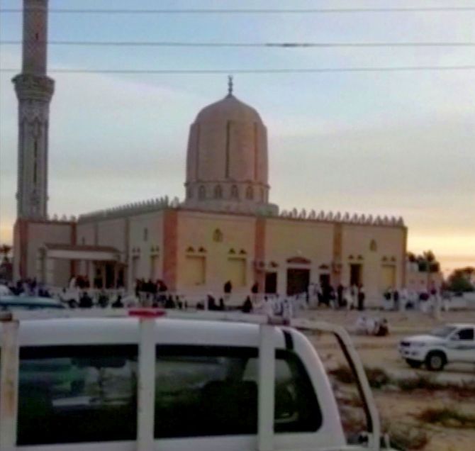 25 to 30 terrorists first detonated a bomb at the al-Rowda mosque in Egypt's restive Sinai peninsula during Friday prayers, November 24, 2017. As the worshippers fled, gunmen opened fire on them, killing many. 305 people were killed and over 130 injured in the attack, the deadliest in Egypt's history. Photograph: Reuters