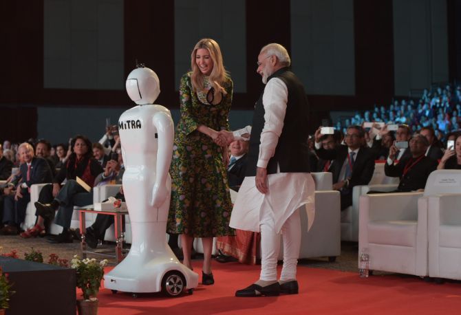 Mitra with Prime Minister Narendra D Modi with Ivanka Trump, head of the US delegation, at the Global Entrepreneur Summit 2017 in Hyderabad, November 28. Photograph: Press Information Bureau of India