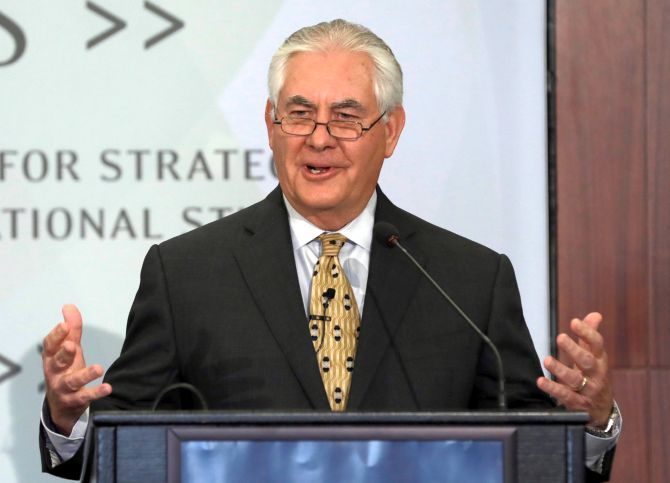 US Secretary of State Rex Tillerson speaks about the US relationship with India for the Next Century at the Centre for Strategic and International Studies, a Washington, DC think-tank, October 18, 2017. Photograph: Yuri Gripas/Reuters