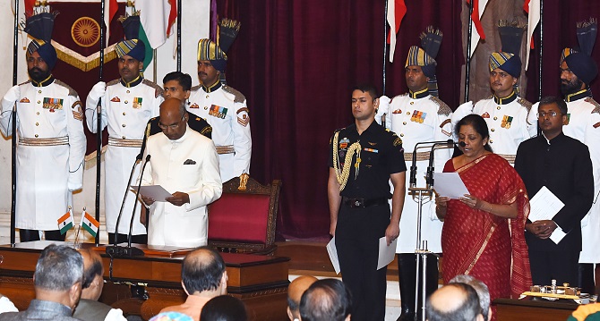 President Ram Nath Kovind administers the oath as Cabinet minister to  Nirmala Sitharaman at Rashtrapati Bhavan in New Delhi, September 3, 2017. Photograph: Press Information Bureau