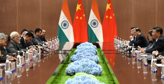 Prime Minister Narendra D Modi and his delegation meets with Chinese President Xi Jinping and his team on the sidelines of the 9th BRICS Summit in Xiamen, China, September 5, 2017. Photograph: Press Information Bureau