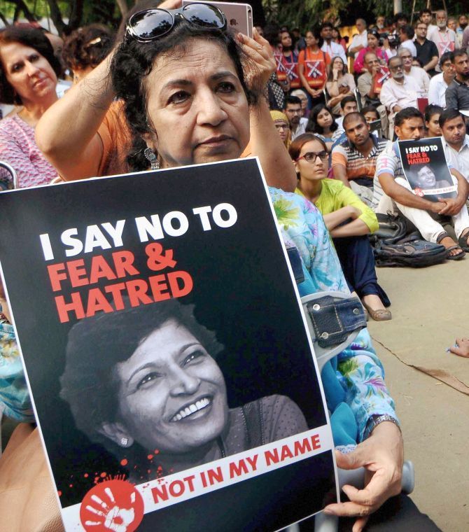 A 'Not In My Name' protest at Jantar Mantar, New Delhi, September 7, 2017. Photograph: PTI Photo