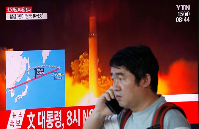 A man watches a television broadcast in Seoul, South Korea, September 15, 2017 about North Korea firing a missile that flew over Japan's Hokkaido island. Photograph: Kim Hong-Ji/Reuters
