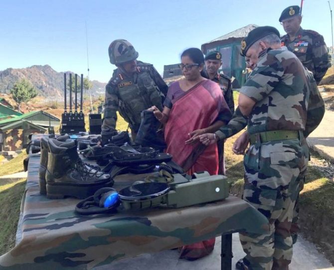 Defence Minister Nirmala Sitharaman and General Bipin Rawat on a visit to  the forward areas along the Line of Control in Kashmir, September 29, 2017. Photgraph: ANI