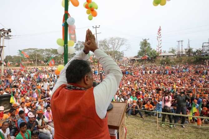 Sunil Deodhar addressing an election rally in Karbook, South Tripura