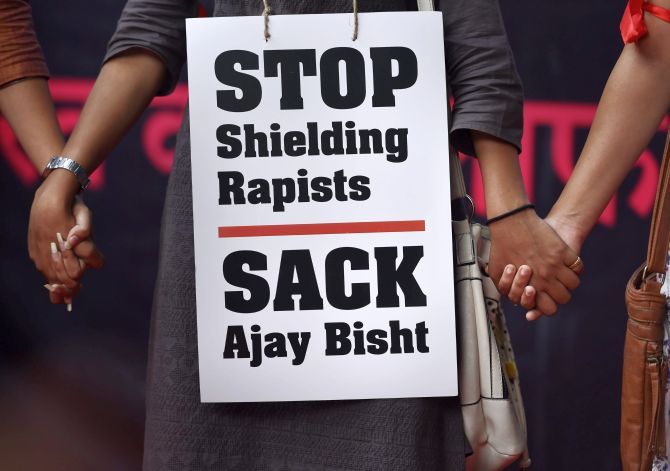 Protesters in New Delhi demand the resignation of Uttar Pradesh Chief Minister Ajay Singh Bisht, also known as Yogi Adityanath, April 15, 2018. Photograph: Ravi Choudhary/PTI Photo