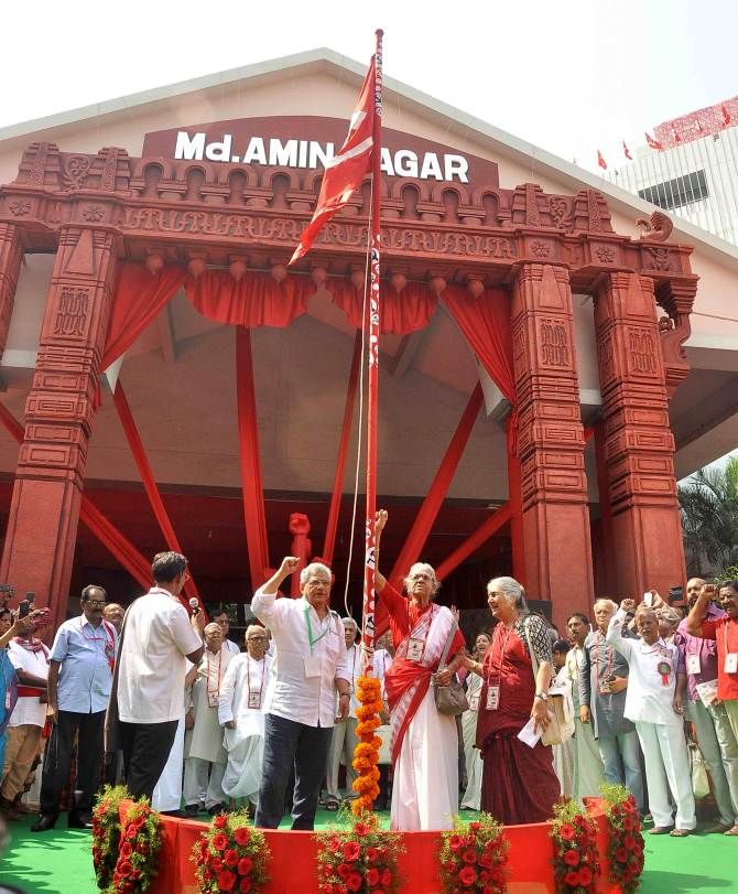 Communist Party of India General Secretary Sitaram Yechuri, second from left, before the CPI-M's 22nd party congress begins at the RTC Kalyana Mandapam in Hyderabad. April 18, 2018. Photograph: Snaps India