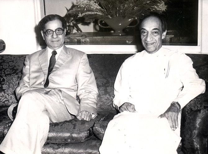 Gopalswamy Parthasarathi -- 'GP' --  then prime minister Indira Gandhi's special envoy, left, with then Sri Lankan president J R Jayewardene in Colombo, August 26, 1983.