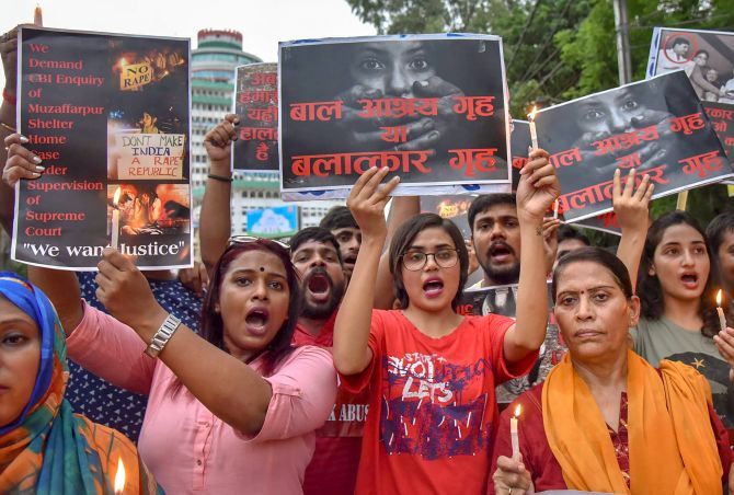 Members of different organisation stage a protest against the Muzaffarpur shelter home rape case in New Delhi. Photograph: PTI Photo