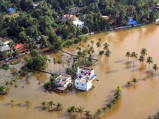 An aerial view of a flooded locality in Aluva. Photograph: PTI Photo