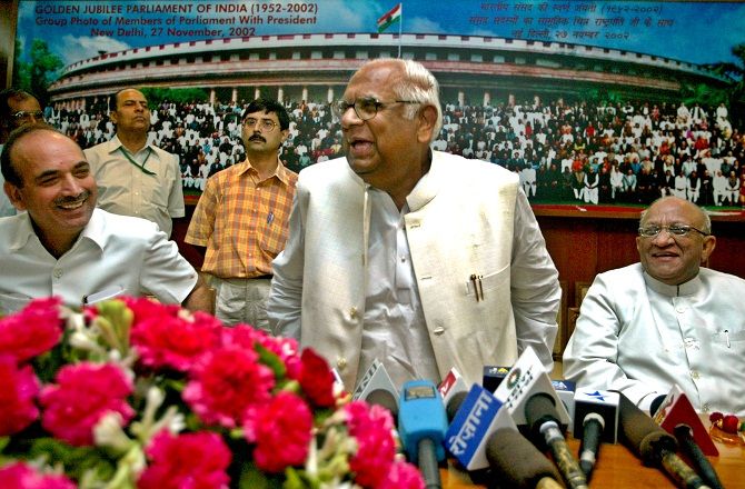 Somnath Chatterjee addresses the media the day he was elected Lok Sabha Speaker. Also seen is then parliamentary affairs minister Ghulam Nabi Azad. Photograph: B Mathur/Reuters