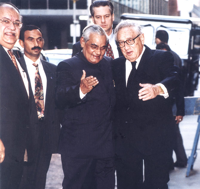 On his first visit to the United States after the May 1998 nuclear tests, then prime minister Atal Bihari Vajpayee with former US secretary of state Dr Henry Kissinger in New York, September 1998. On the left is India's then ambassador to the US Naresh Chandra