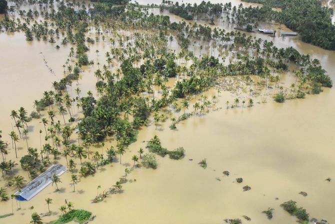 An aerial view of flooded areas in Kerala.
