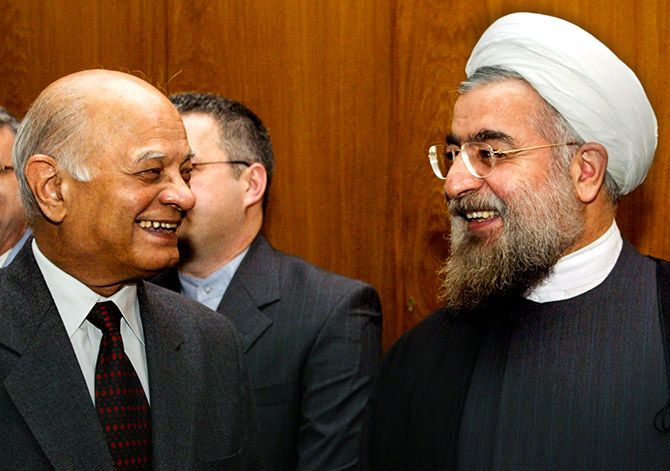 Brajesh Mishra meets with Iran's then nuclear security council chief Hassan Rouhani in New Delhi, February 26, 2004. Rouhani is today Iran's president. Photograph: Kamal Kishore KK/Reuters