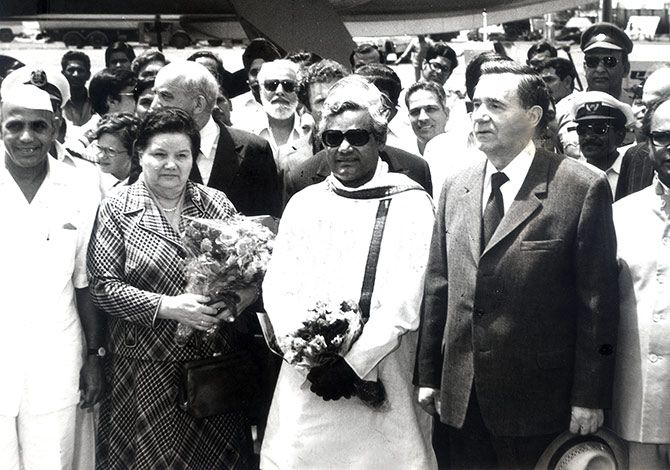 Lydia Gromyko, second from left, then external affairs minister Atal Bihari Vajpayee, then Soviet foreign minister Andrei Gromyko and then Indian ambassador to the Soviet Union, Inder Kumar Gujral.