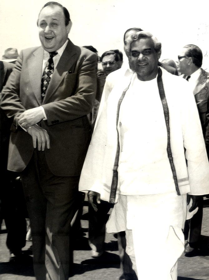 Then West German foreign minister Hans Dietrich Genscher with then external affairs minister Atal Bihari Vajpayee at Delhi airport, April 20, 1977.