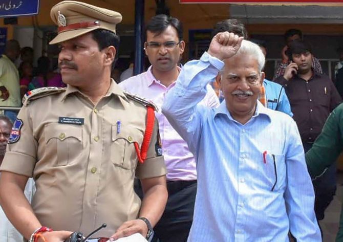 Revolutionary writer P Varavara Rao seen here following his arrest by the Pune police in Hyderabad, August 28, 2018. Photograph: PTI Photo