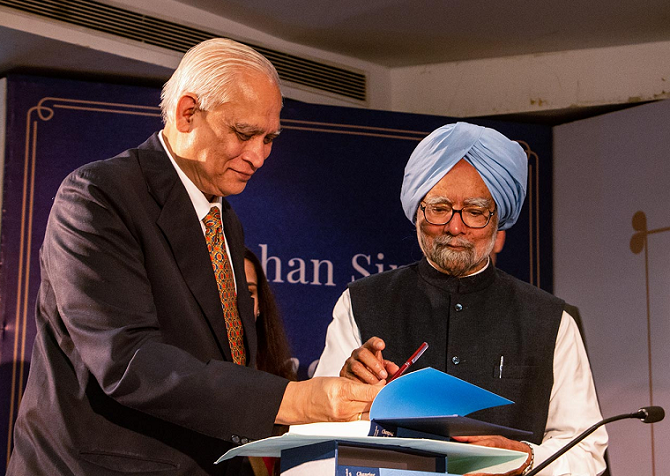 Dr Manmohan Singh at the launch of the book, Changing India. Photograph: INCIndia/Twitter