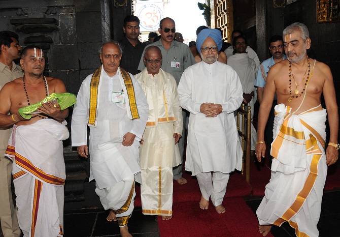File photo of former PM Manmohan Singh at Tirupati Temple. Photograph: Rediff archives