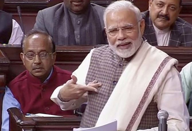 Prime Minister Narendra D Modi during his speech in Parliament, February 7, 2018, where he tore into the Congress and its leadership -- from Nehru to Rahul Gandhi. A speech that was seen as the first shot fired in the 2019 election  campaign..